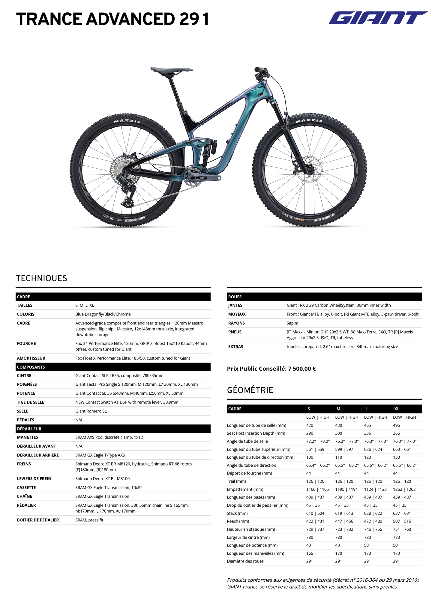 Fiche technique du velo Trance Advanced 29 1 année 2026